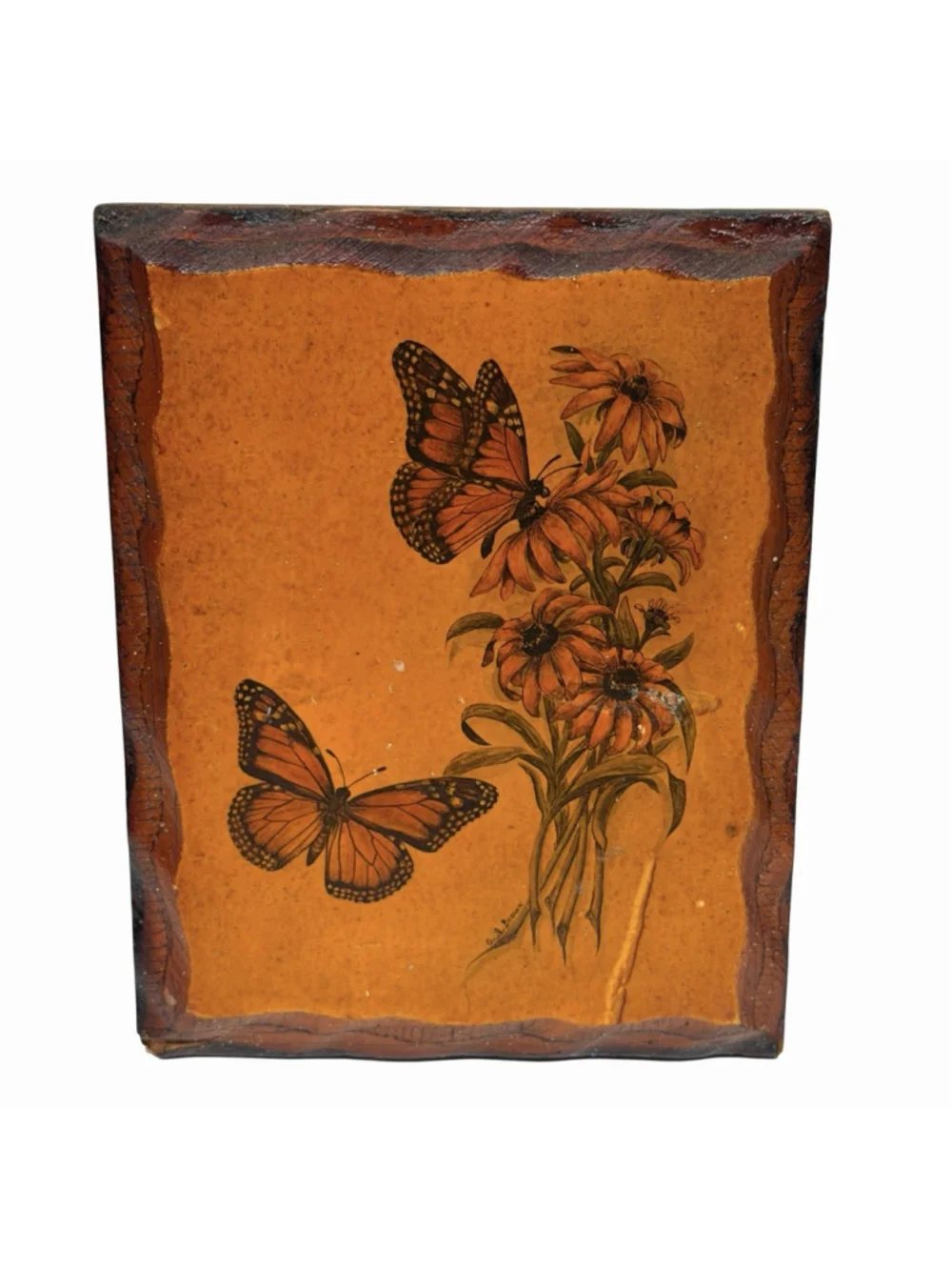 Vintage Monarch Butterfly Black Eyed Susan Wood Wall Plaque Decoupage Rustic